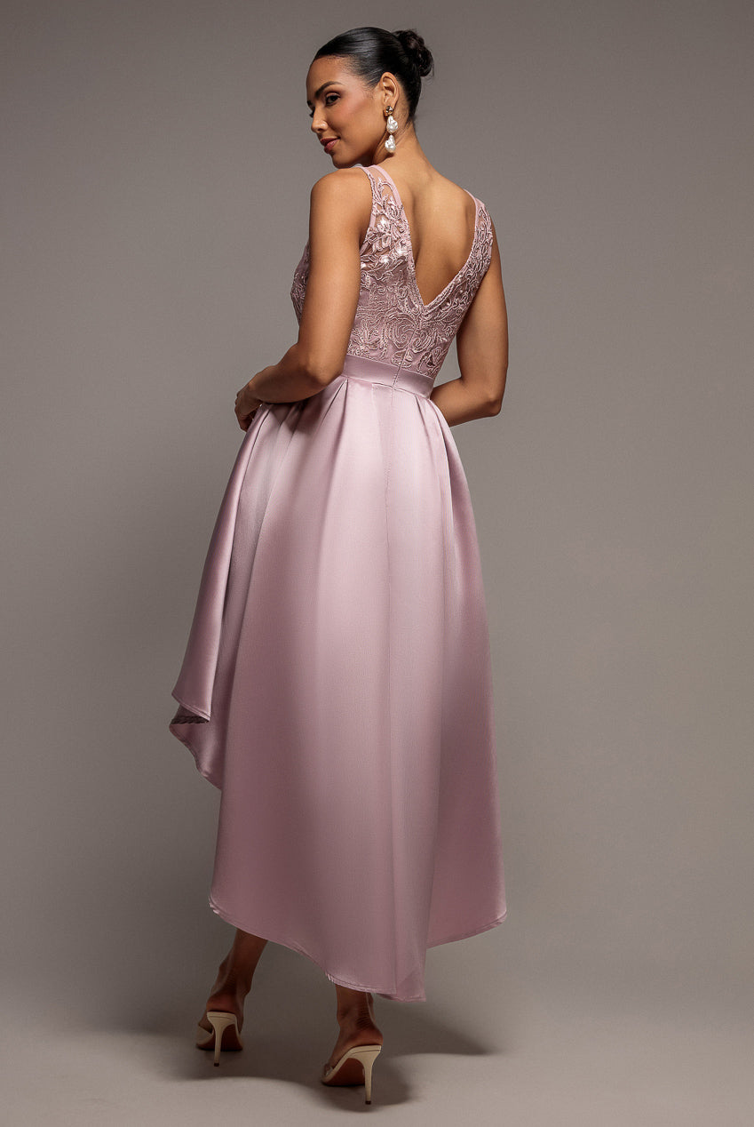Goddiva Sequin & Satin Dipped Hem Midi Dress - Blush