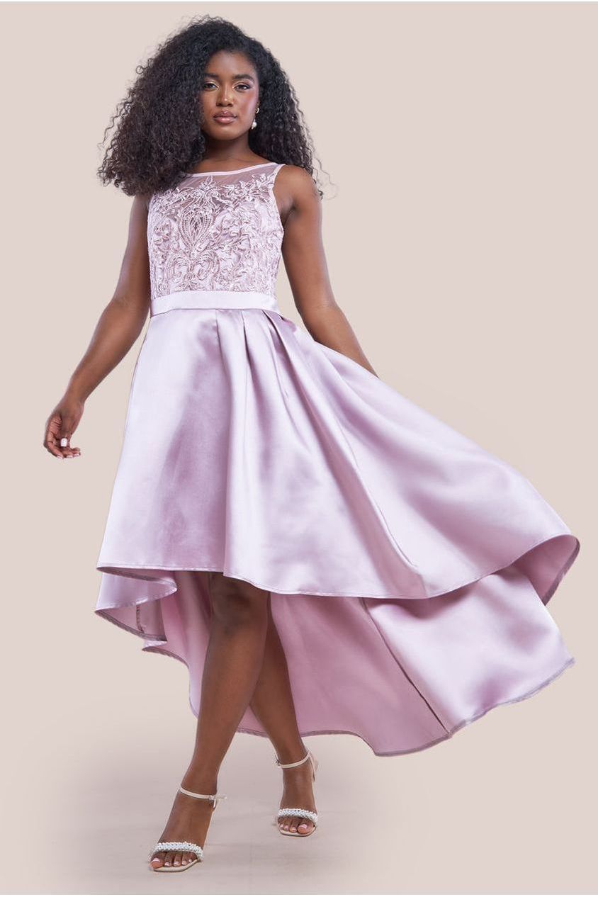 Sequin & Satin Dipped Hem Midi Dress - Blush | Goddiva US Sequin & Satin Dipped Hem Midi Dress - Blush | Goddiva US