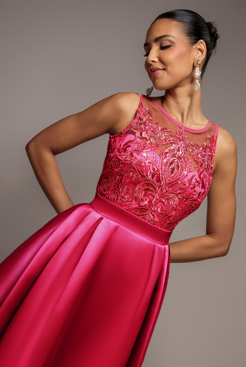 Goddiva Sequin & Satin Dipped Hem Midi - Hot Pink