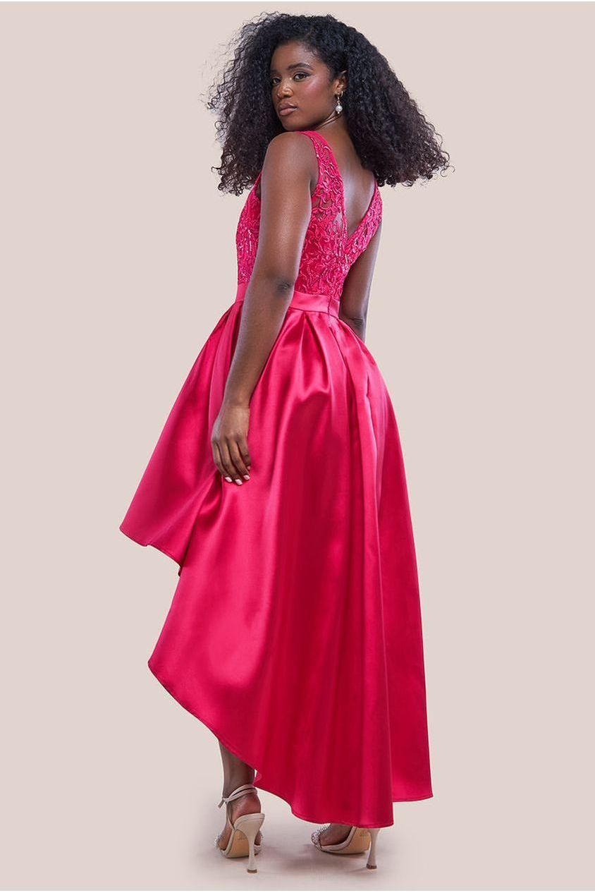 Goddiva Sequin & Satin Dipped Hem Midi - Hot Pink