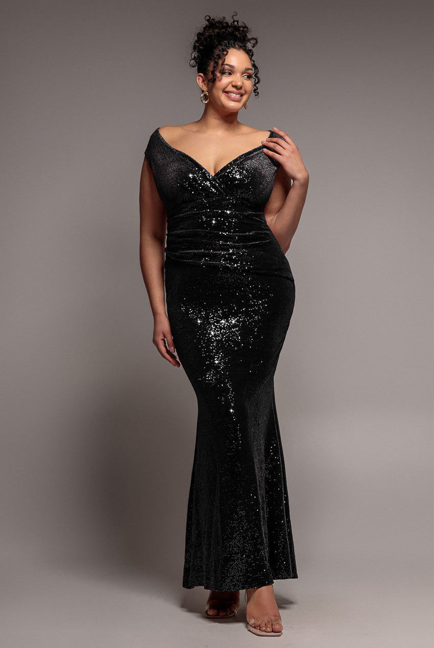 Goddiva Plus Sequin & Velvet Bardot Maxi Dress - Black