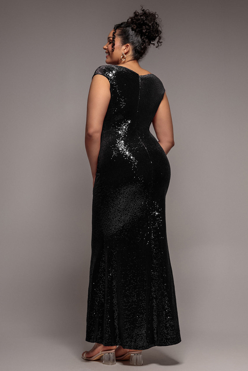 Goddiva Plus Sequin & Velvet Bardot Maxi Dress - Black