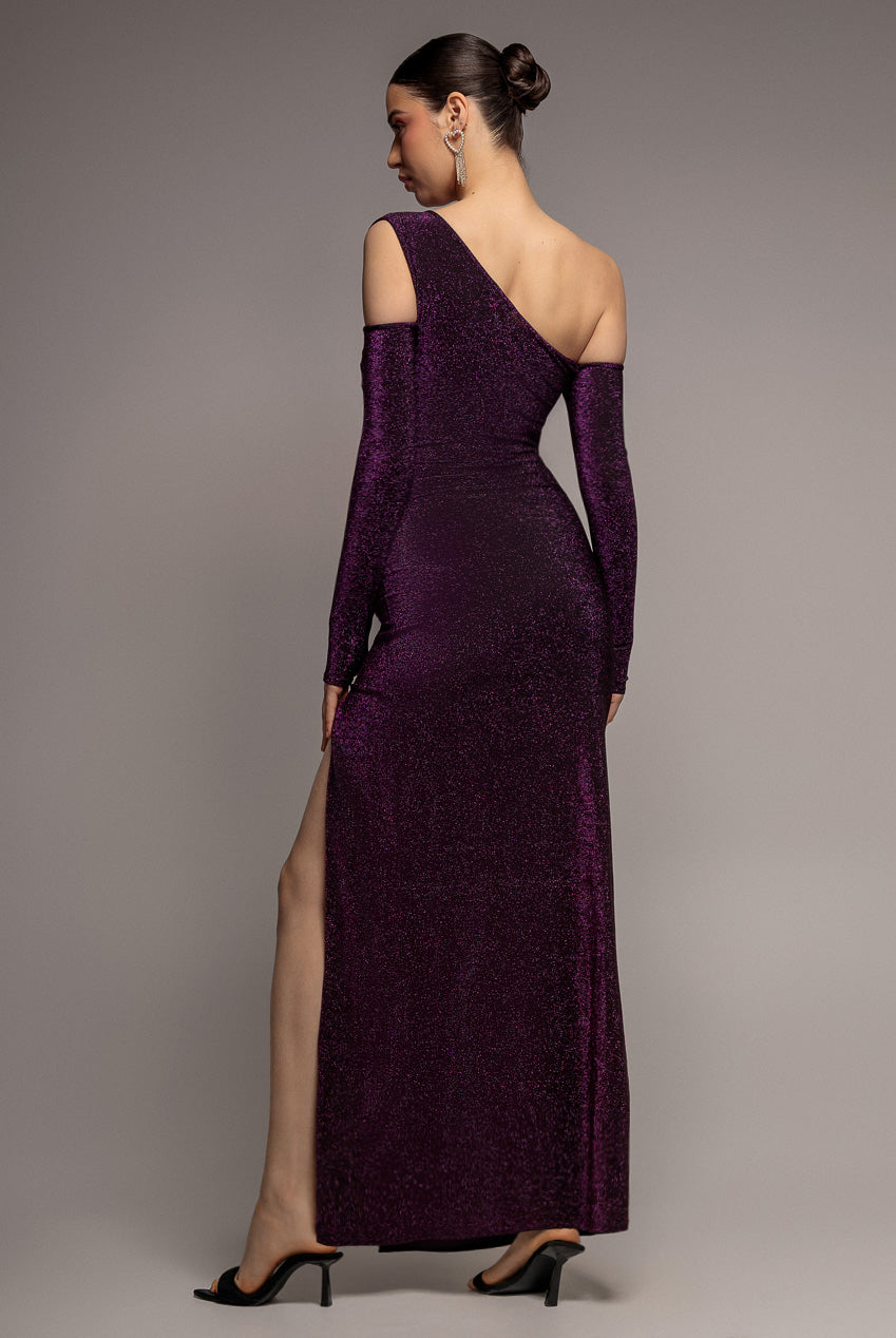 Goddiva Cold Shoulder Lurex Maxi With Thigh Split - Magenta