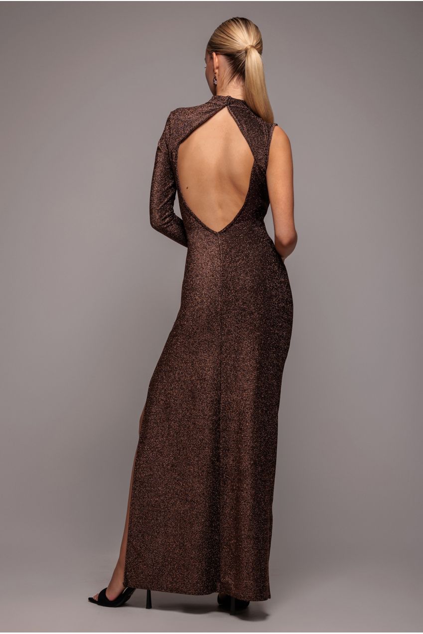Goddiva Open Lurex Back One Sleeve Maxi Dress - Bronze