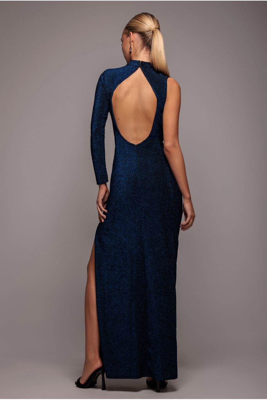 Goddiva Open Lurex Back One Sleeve Maxi Dress - Royal Blue