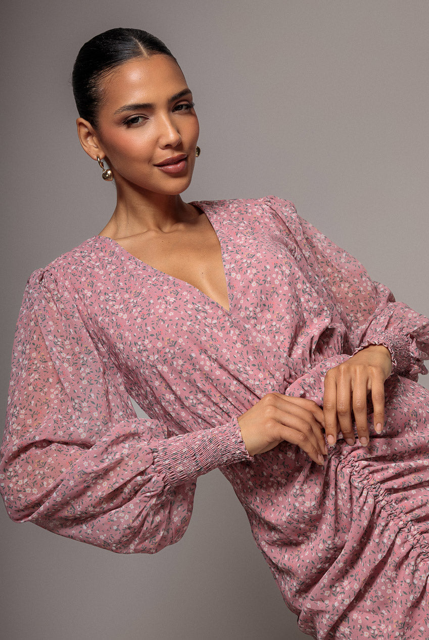 Goddiva Printed Long Sleeve Drawstring Midi Dress - Dusky Pink