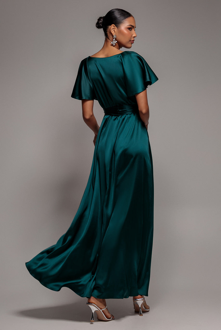 Goddiva Satin Flutter Sleeve Wrap Maxi Dress - Emerald Green