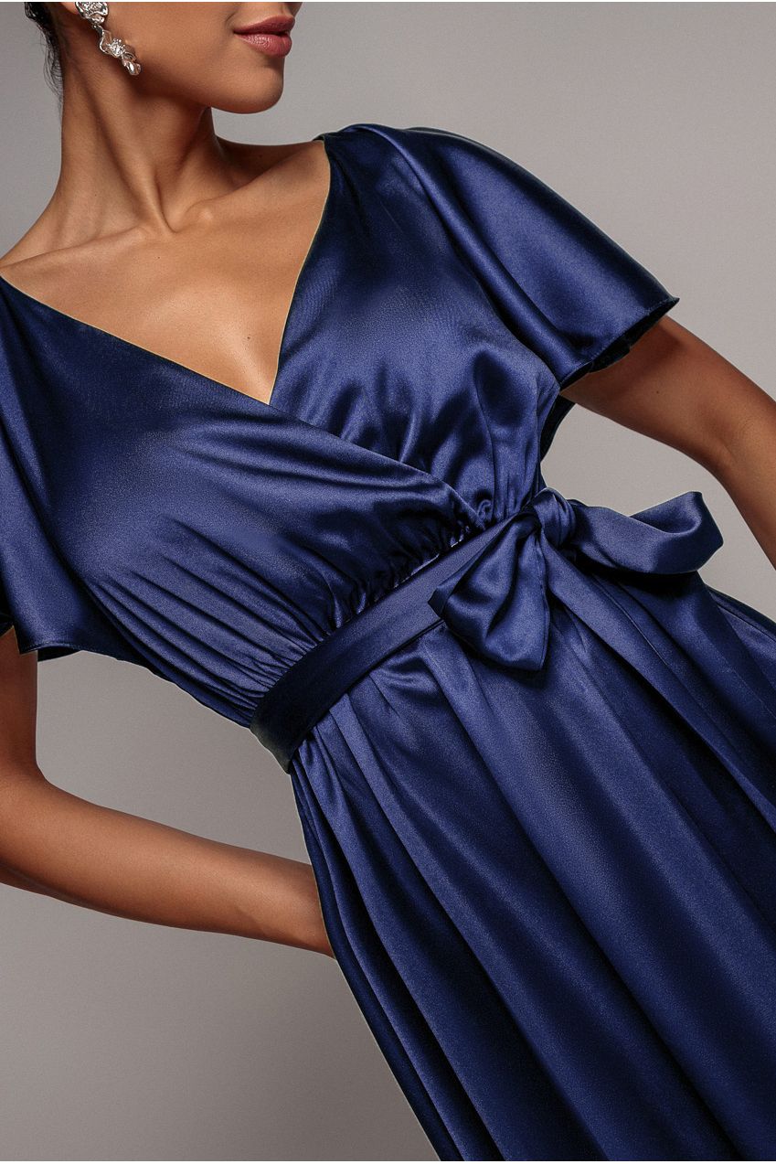 Goddiva Satin Flutter Sleeve Wrap Maxi Dress - Navy Blue