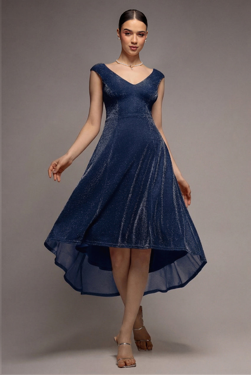 Goddiva Off The Shoulder Lurex High Low Dress - Navy