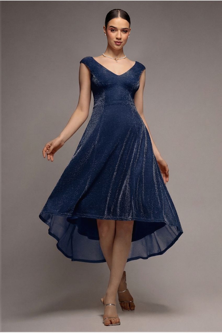 Goddiva Off The Shoulder Lurex High Low Dress - Navy