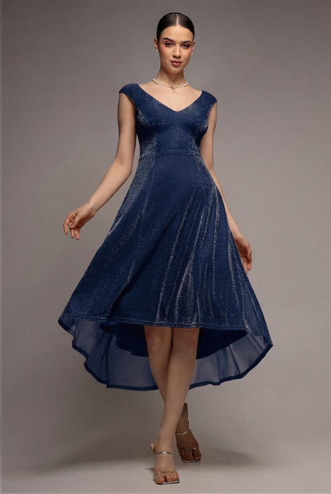 Goddiva Off The Shoulder Lurex High Low Dress - Navy