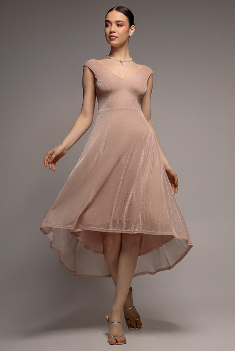 Goddiva Off The Shoulder Lurex High Low Dress - Nude