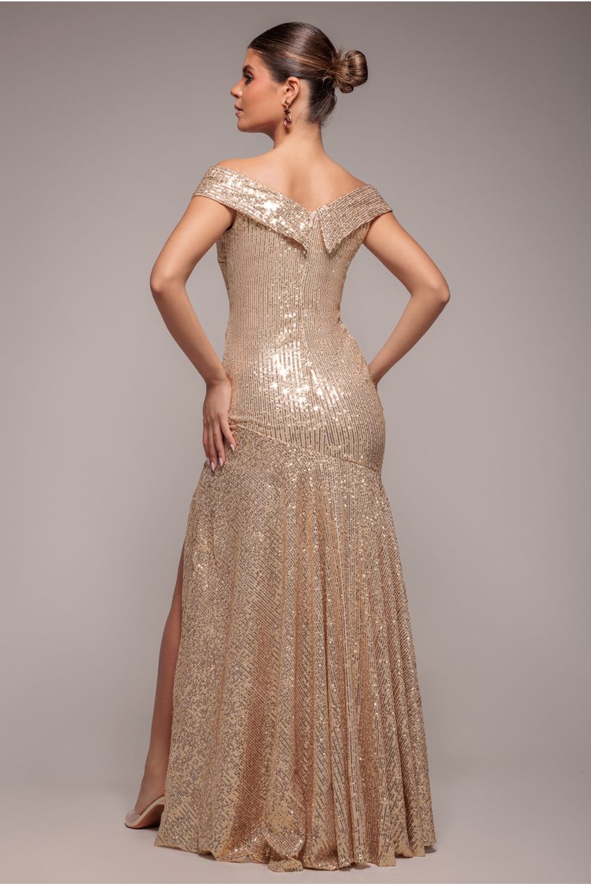 Goddiva Bardot Sequin Pleated Maxi Dress - Gold