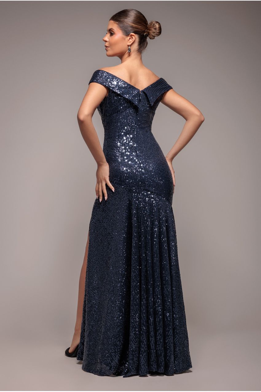 Goddiva Bardot Sequin Pleated Maxi Dress - Navy