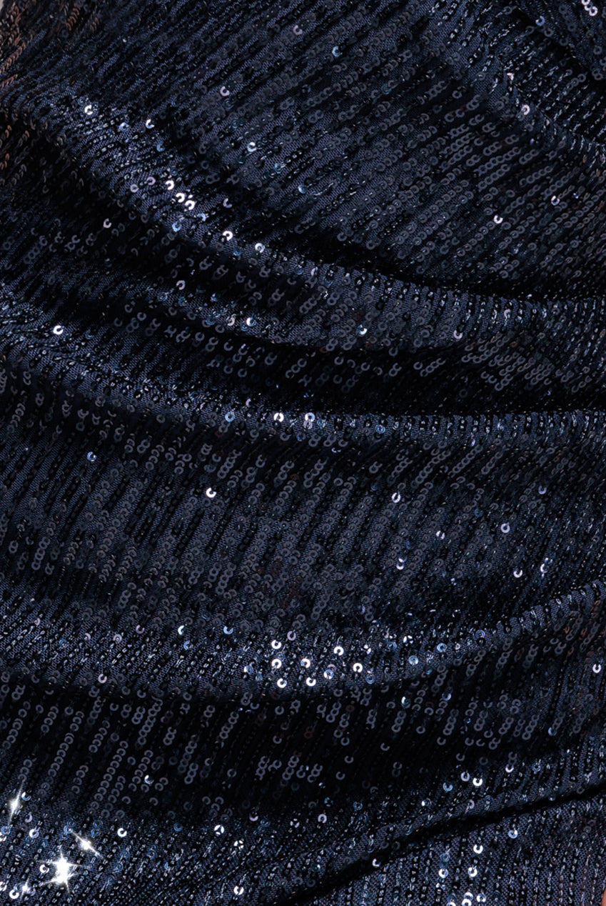 Goddiva Bardot Sequin Pleated Maxi Dress - Navy