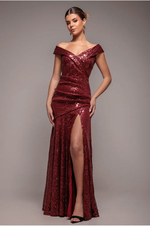 Goddiva Bardot Sequin Pleated Maxi Dress - Wine