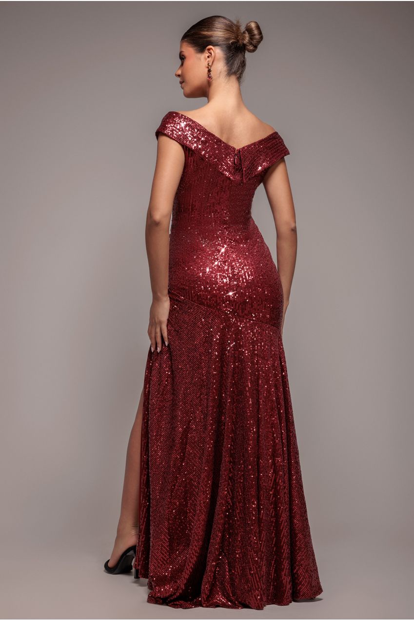 Goddiva Bardot Sequin Pleated Maxi Dress - Wine