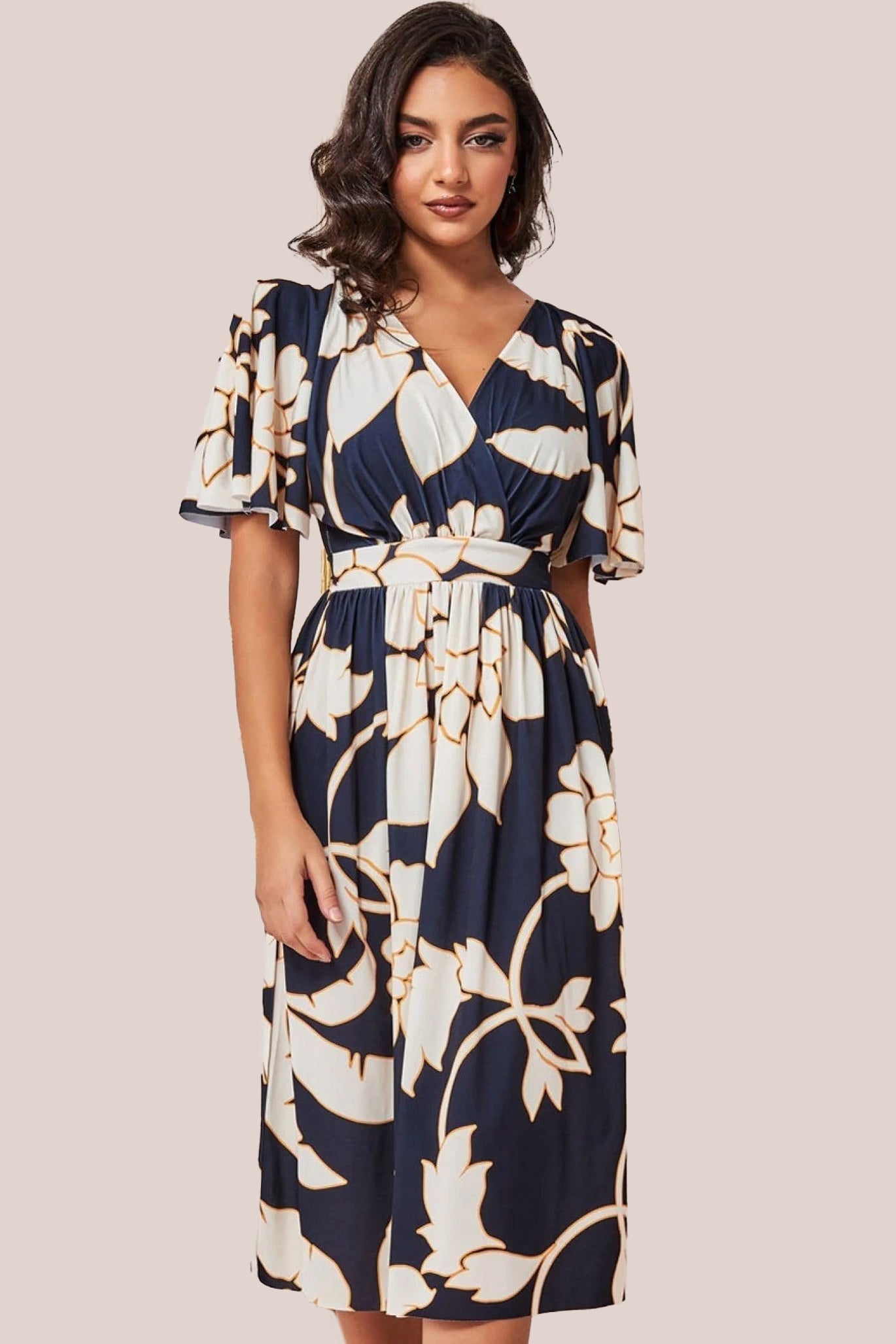 Goddiva Leaf Print Flutter Sleeve Midi - Navy