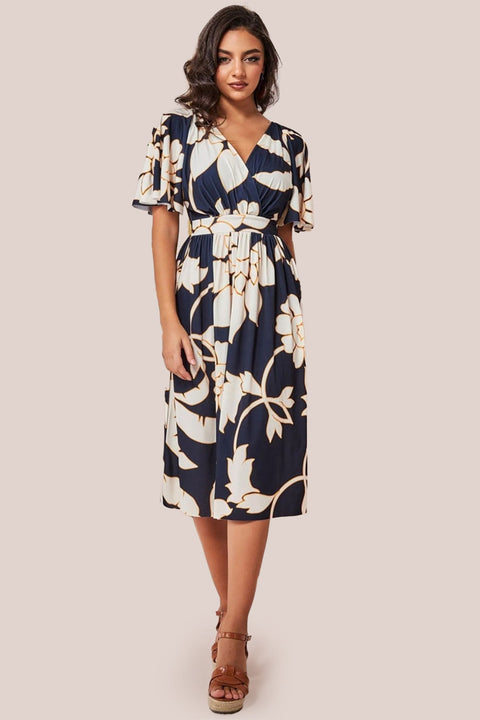 Goddiva Leaf Print Flutter Sleeve Midi - Navy