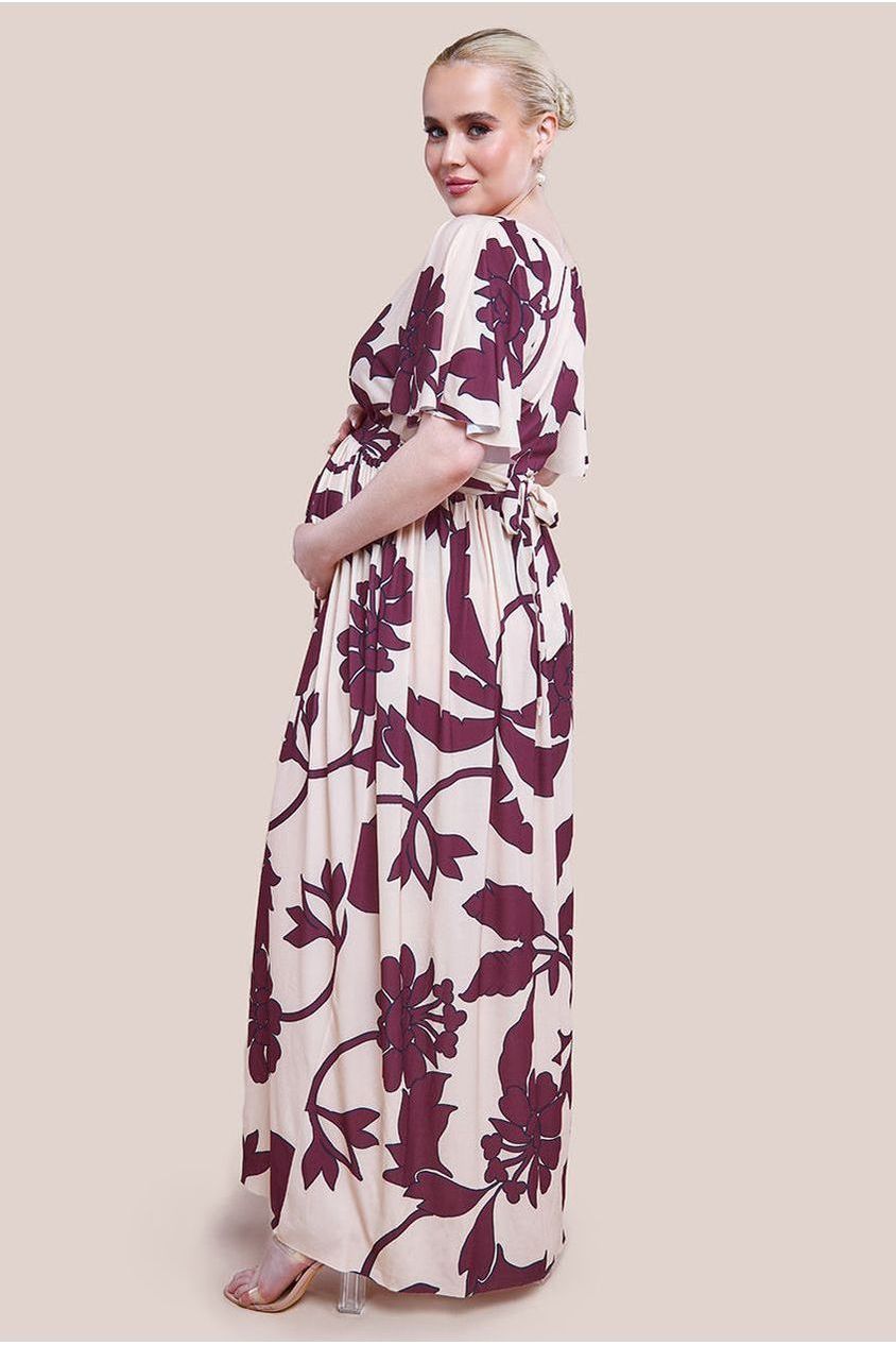 Goddiva Maternity Leaf Print Flutter Sleeve Maxi Dress - Cream