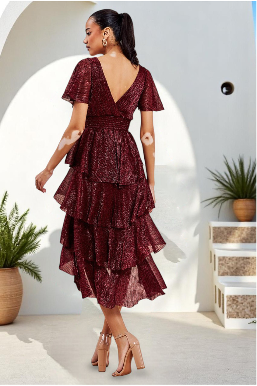 Goddiva Crinkle Lurex High Low Layered Midi Dress - Wine