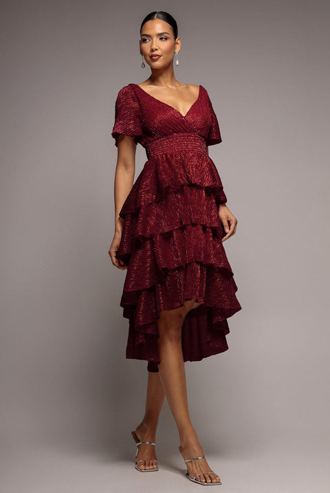 Goddiva Crinkle Lurex High Low Layered Midi Dress - Wine
