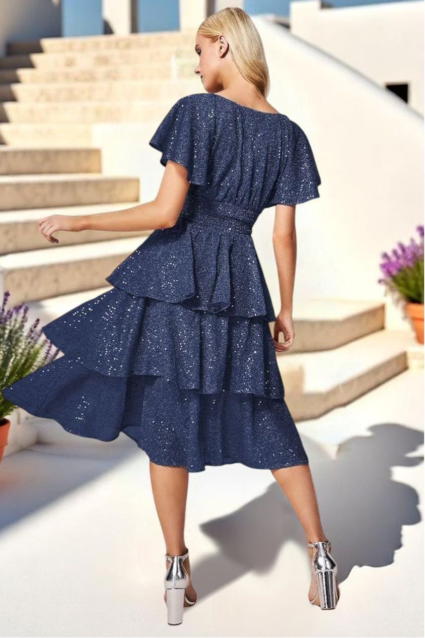 Goddiva Sequin Lurex Tiered Midi Dress - Navy