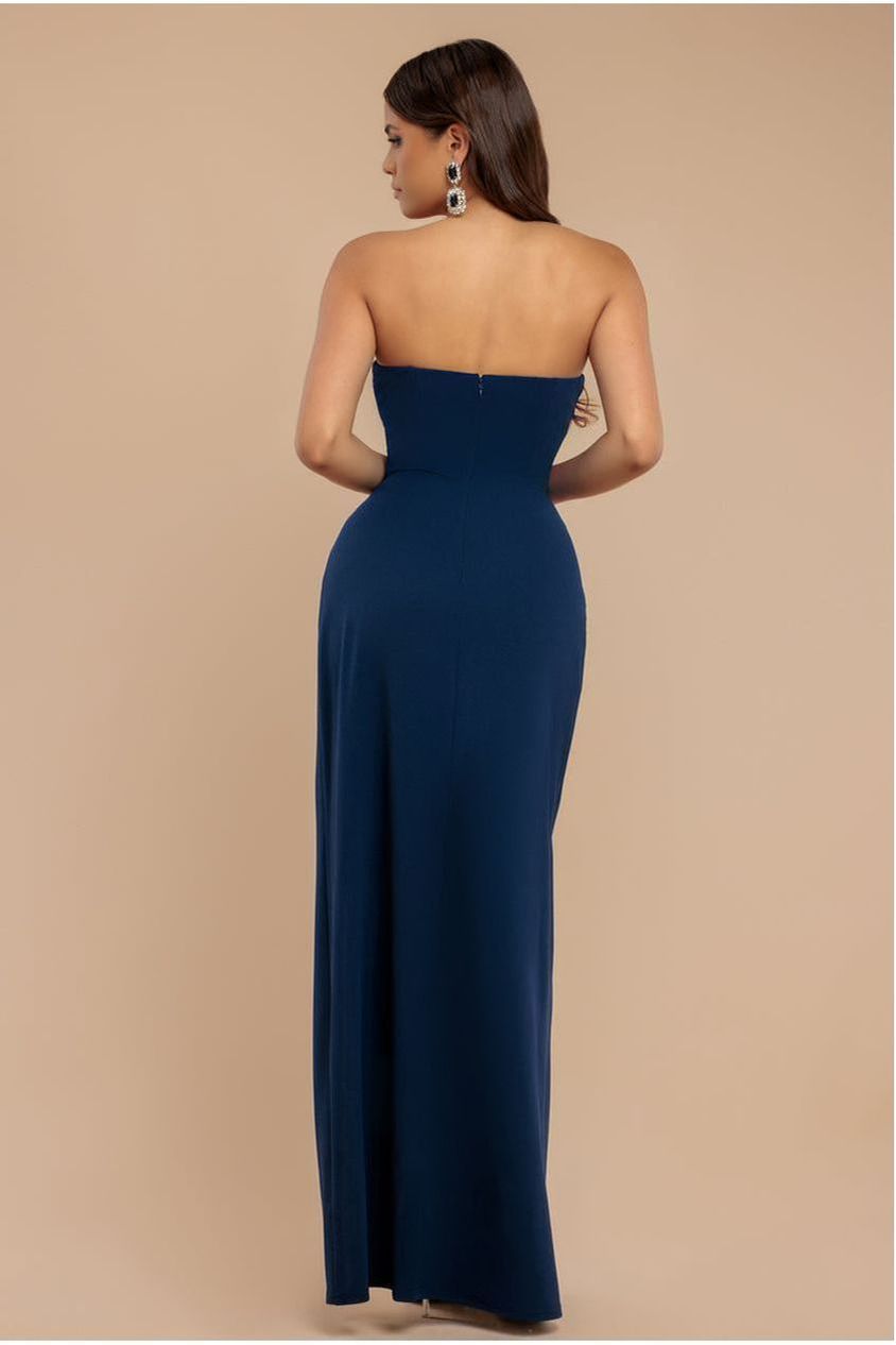 Goddiva Satin & Scuba Maxi With Thigh Split - Navy