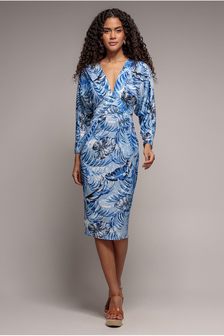 Goddiva Tropical Print Midi With Batwing Sleeves - Blue