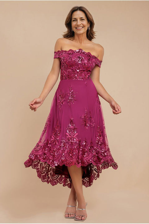 Goddiva Bardot Sequin & Lace High Low Midi - Magenta