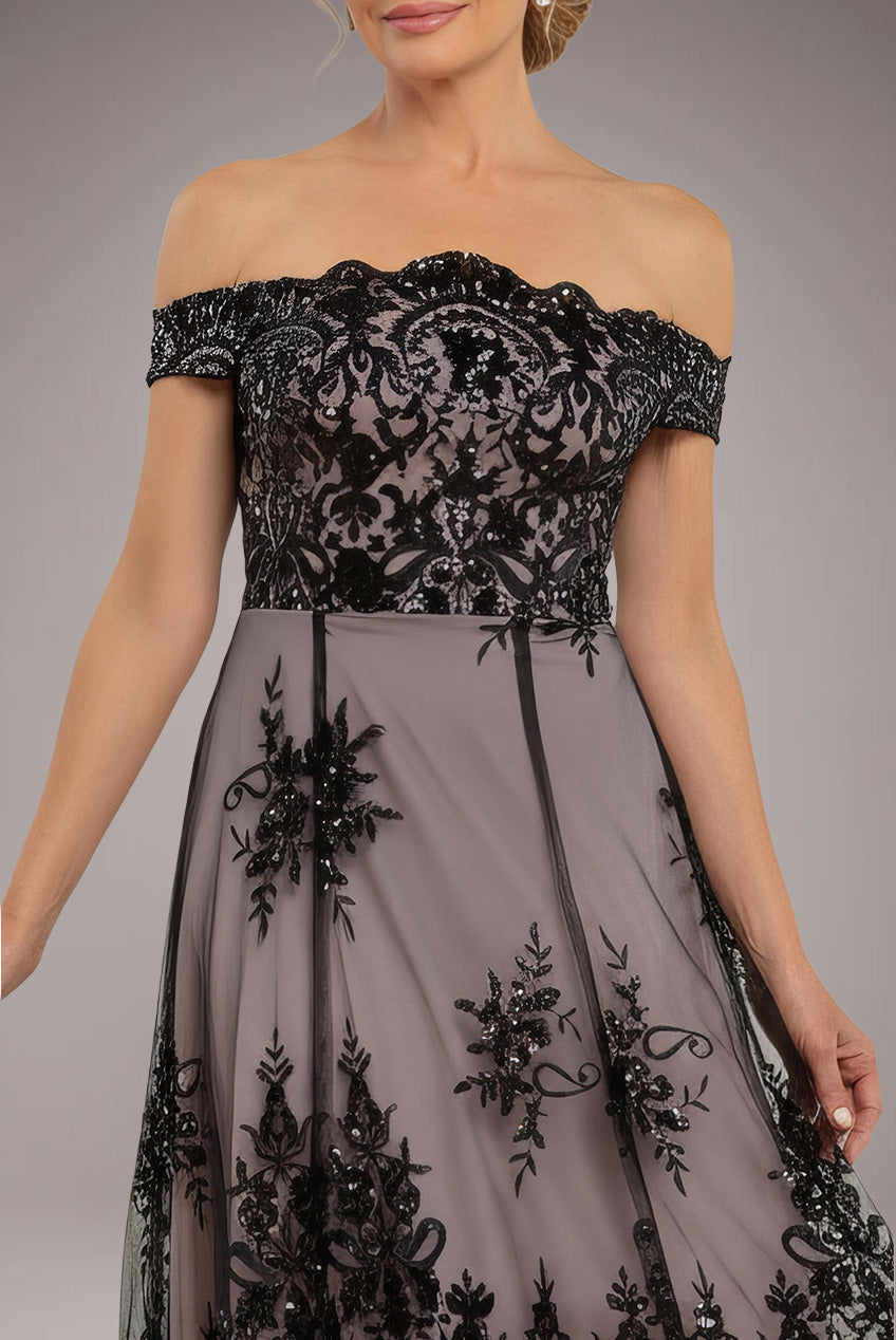 Goddiva Bardot Sequin & Lace High Low Midi - Black