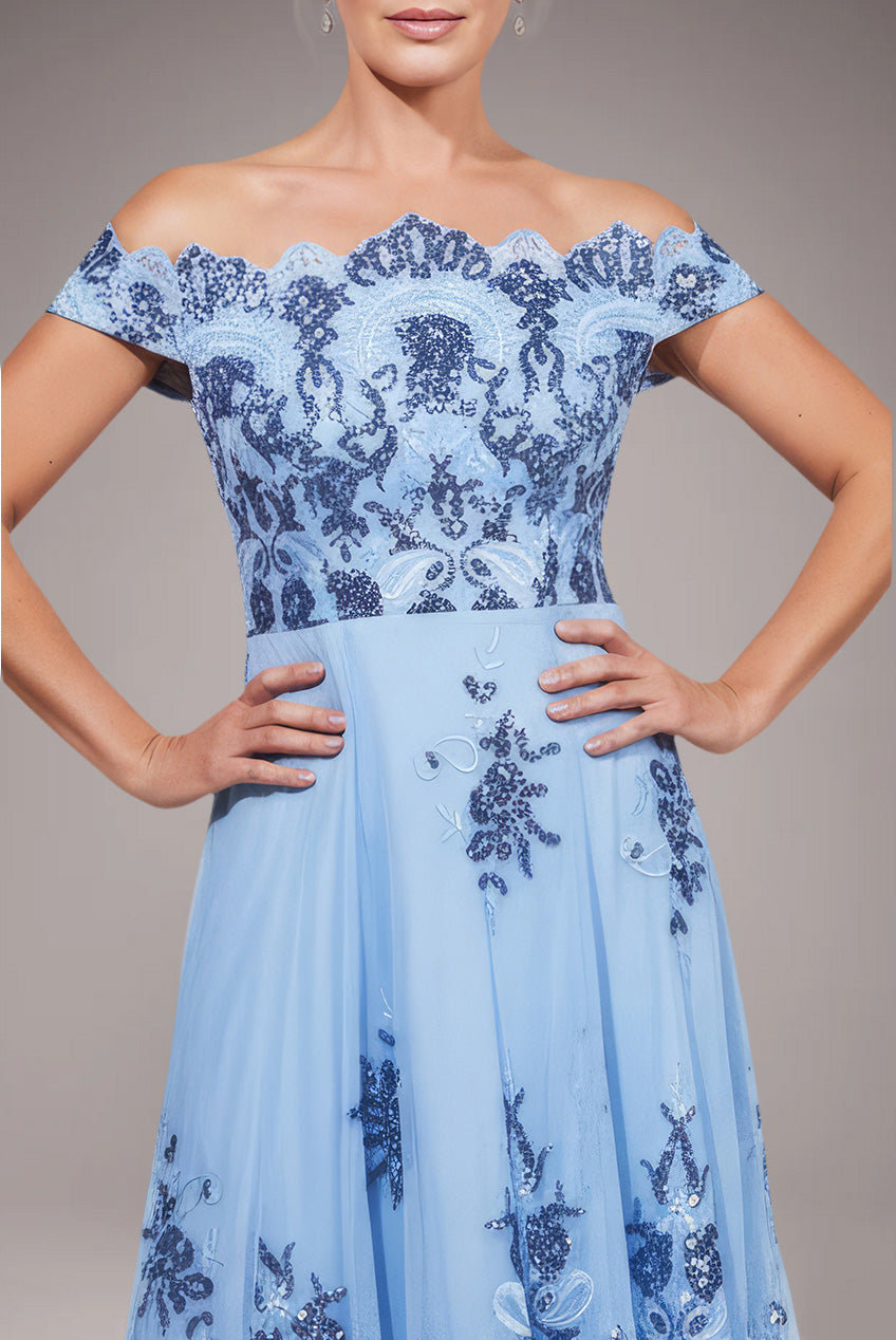 Goddiva Bardot Sequin & Lace High Low Midi - Blue