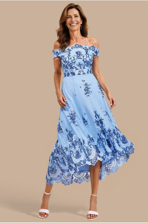 Goddiva Bardot Sequin & Lace High Low Midi - Blue