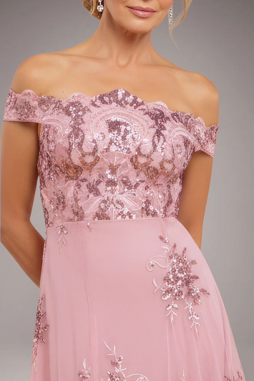 Goddiva Bardot Sequin & Lace High Low Midi - Blush Pink