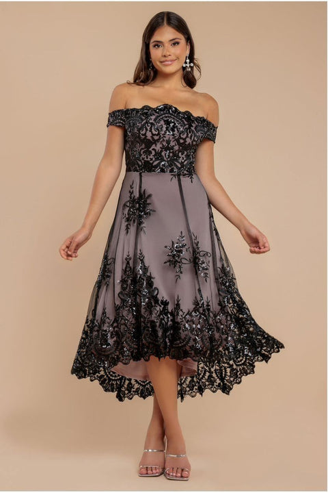 Goddiva Bardot Sequin & Lace High Low Midi - Black