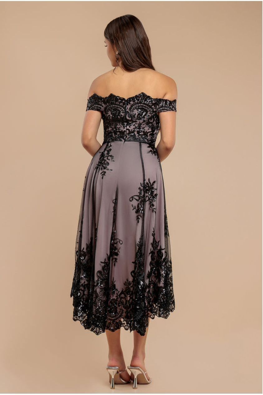 Goddiva Bardot Sequin & Lace High Low Midi - Black