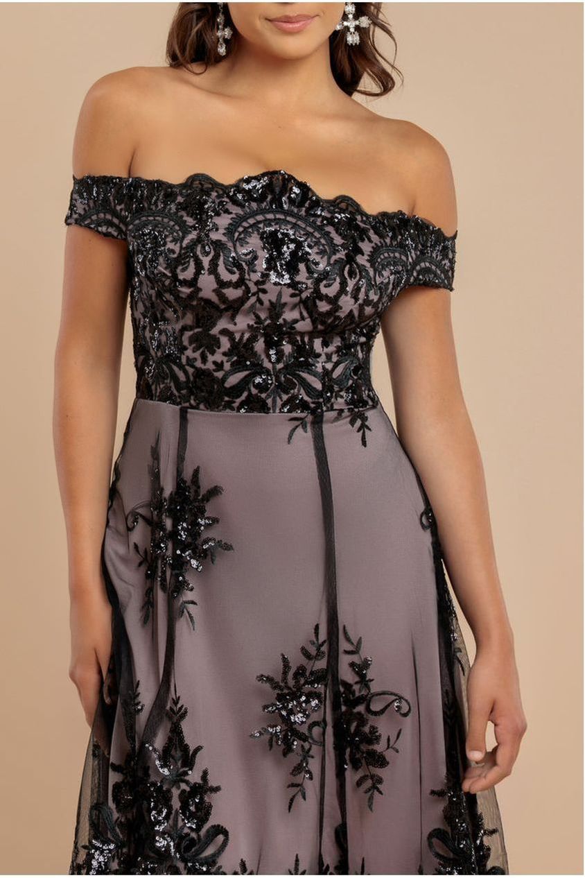 Goddiva Bardot Sequin & Lace High Low Midi - Black