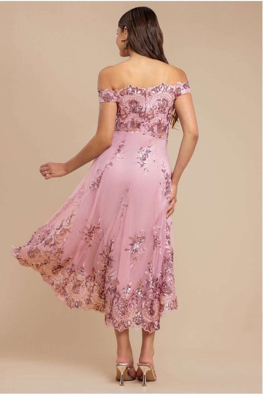 Goddiva Bardot Sequin & Lace High Low Midi - Blush
