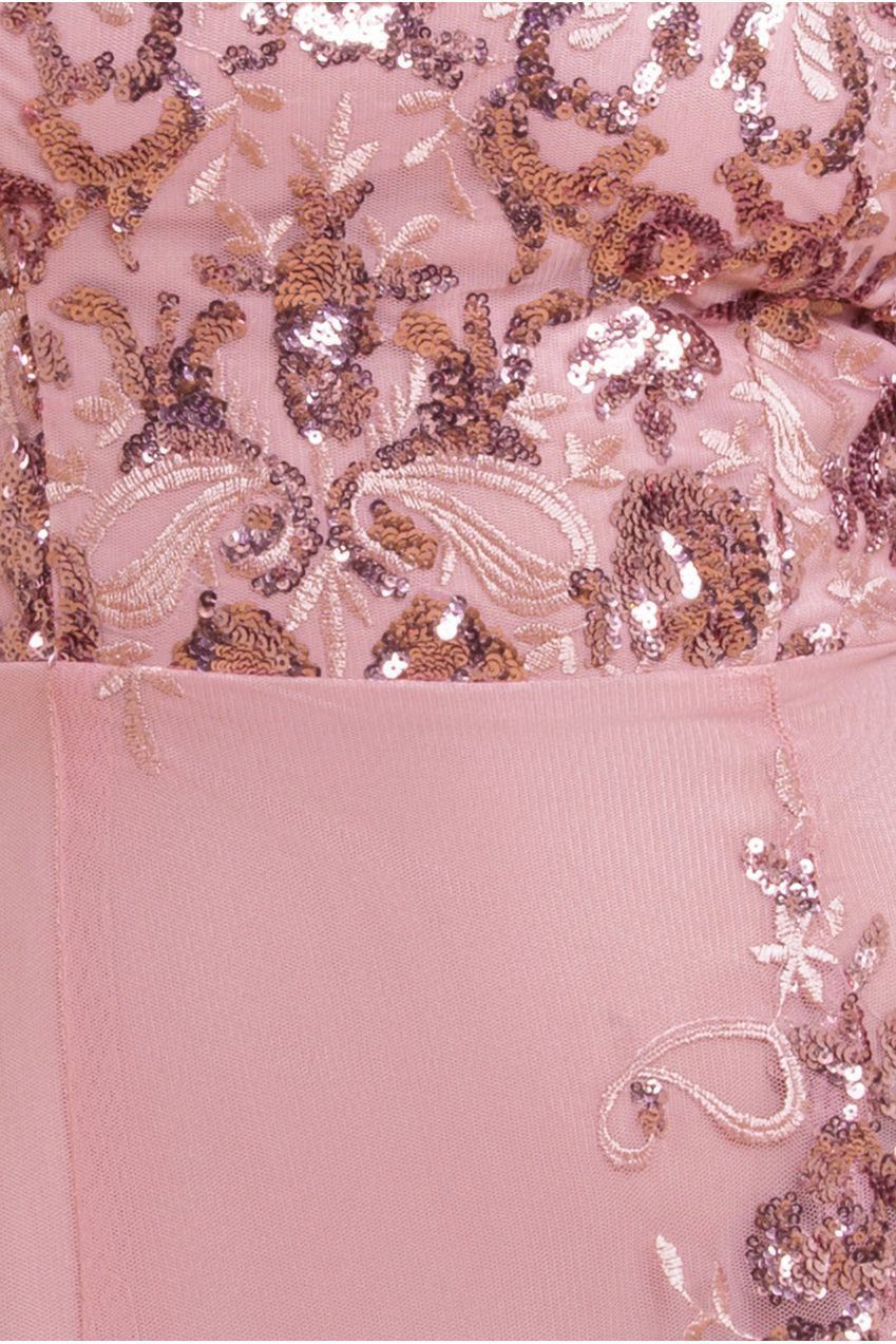 Goddiva Bardot Sequin & Lace High Low Midi - Blush Pink