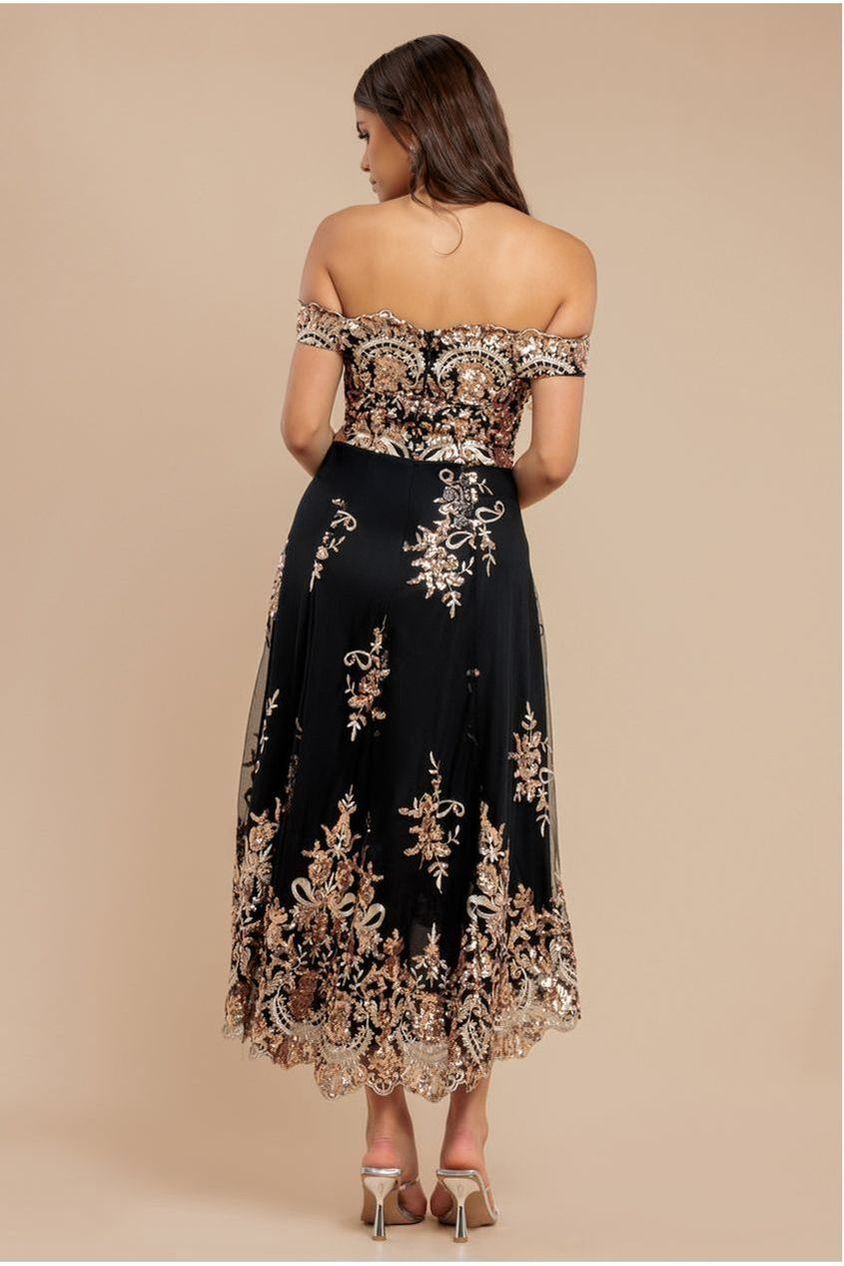 Goddiva Bardot Sequin & Lace High Low Midi - Champagne