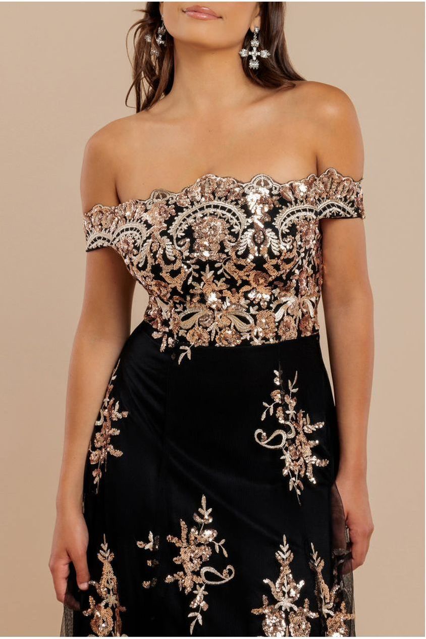 Goddiva Bardot Sequin & Lace High Low Midi - Champagne