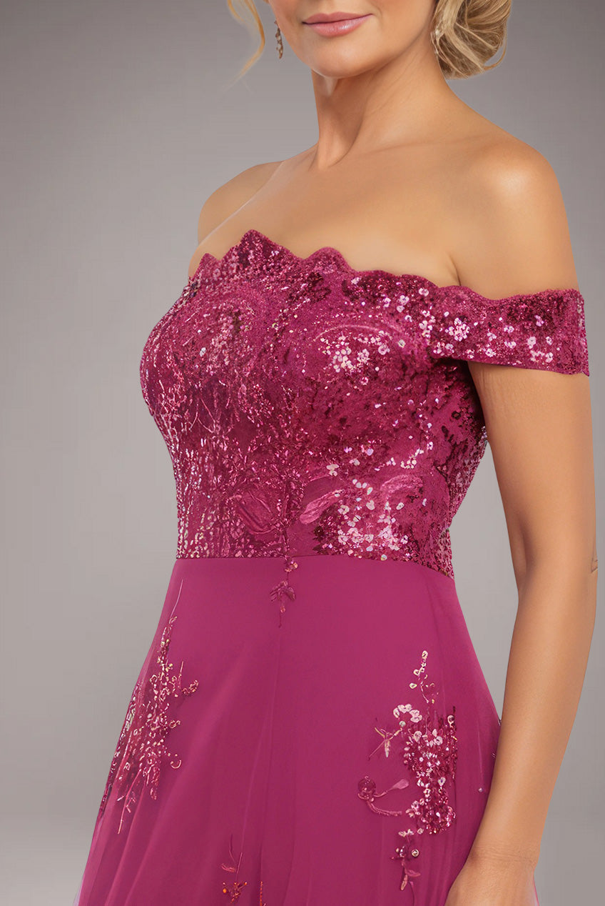 Goddiva Bardot Sequin & Lace High Low Midi - Magenta