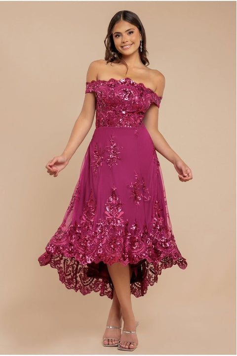 Goddiva Bardot Sequin & Lace High Low Midi - Magenta