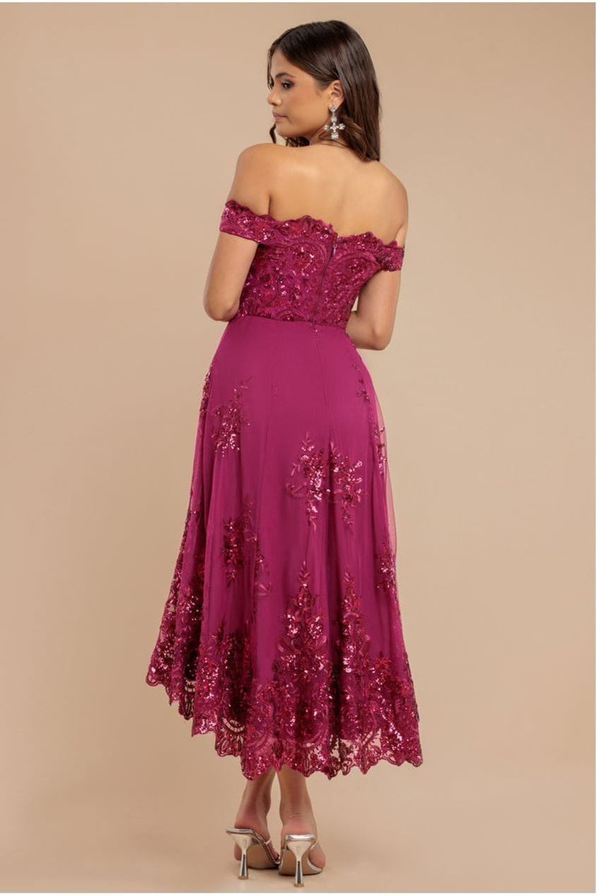 Goddiva Bardot Sequin & Lace High Low Midi - Magenta