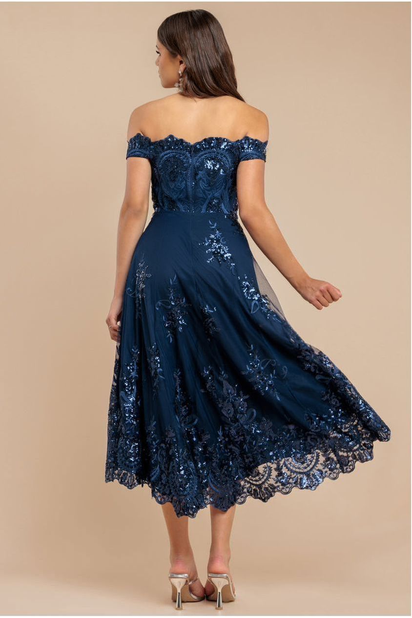 Goddiva Bardot Sequin & Lace High Low Midi - Navy