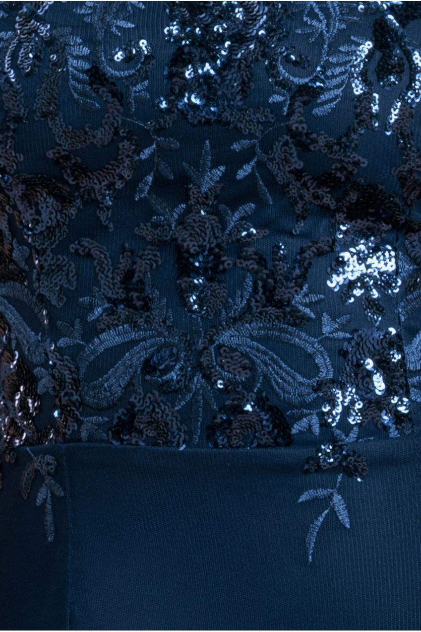 Goddiva Bardot Sequin & Lace High Low Midi - Navy Blue