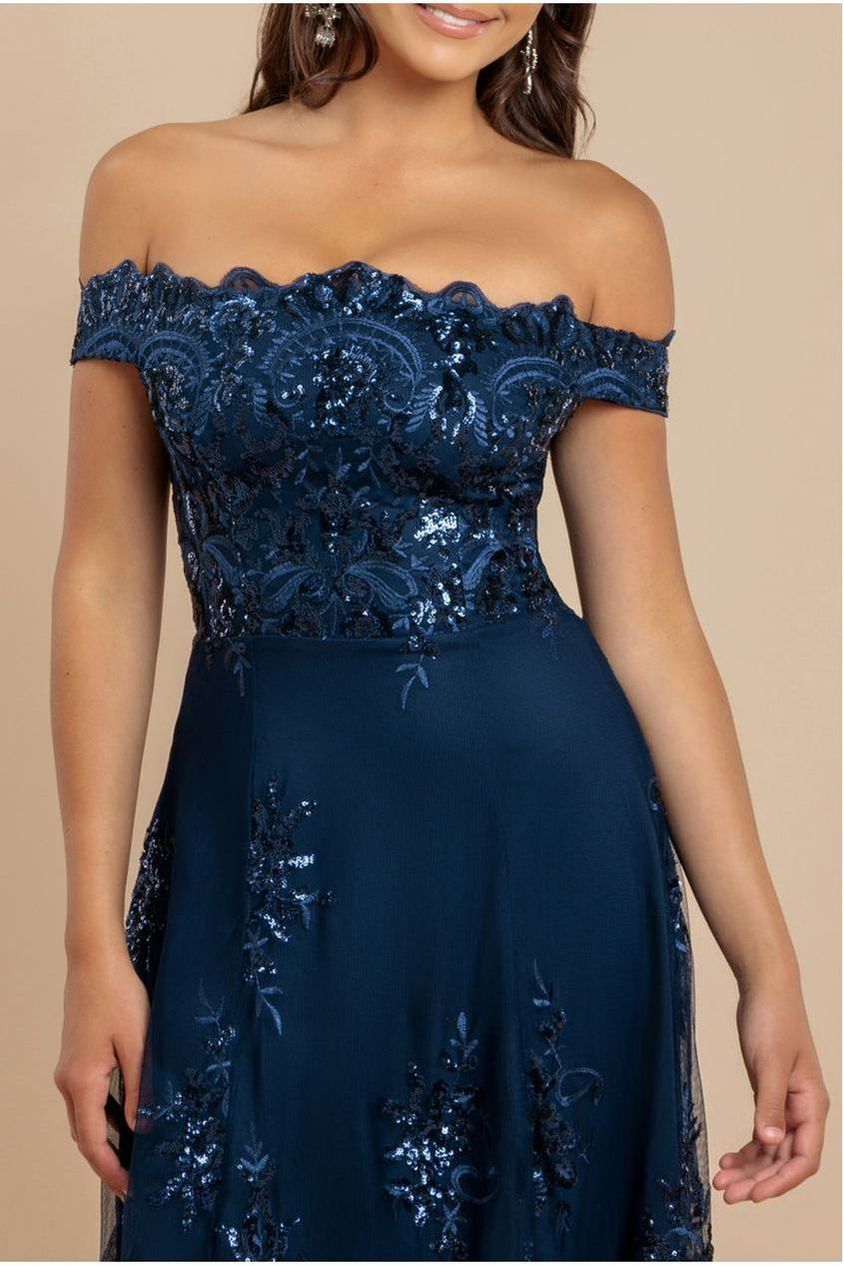 Goddiva Bardot Sequin & Lace High Low Midi - Navy