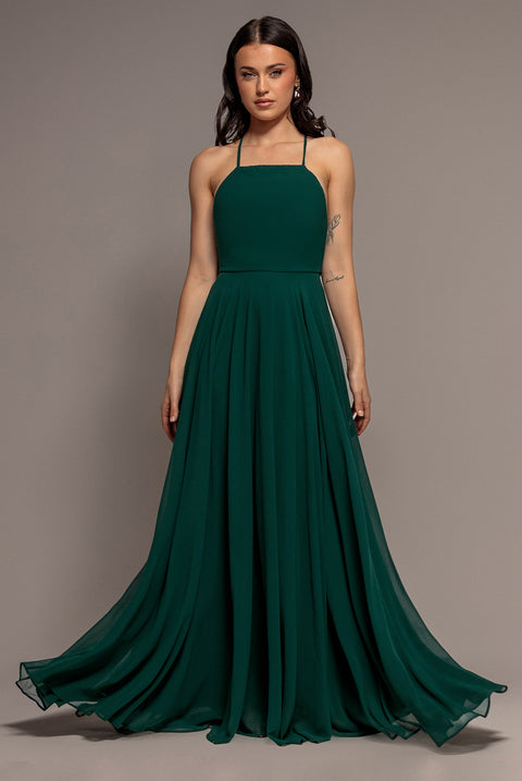 Goddiva Chiffon A Line Sleeveless Maxi Dress - Dark Green