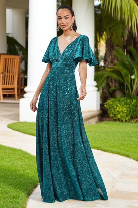 Goddiva Sequin Lurex Flutter Sleeve Maxi Dress - Tealblue