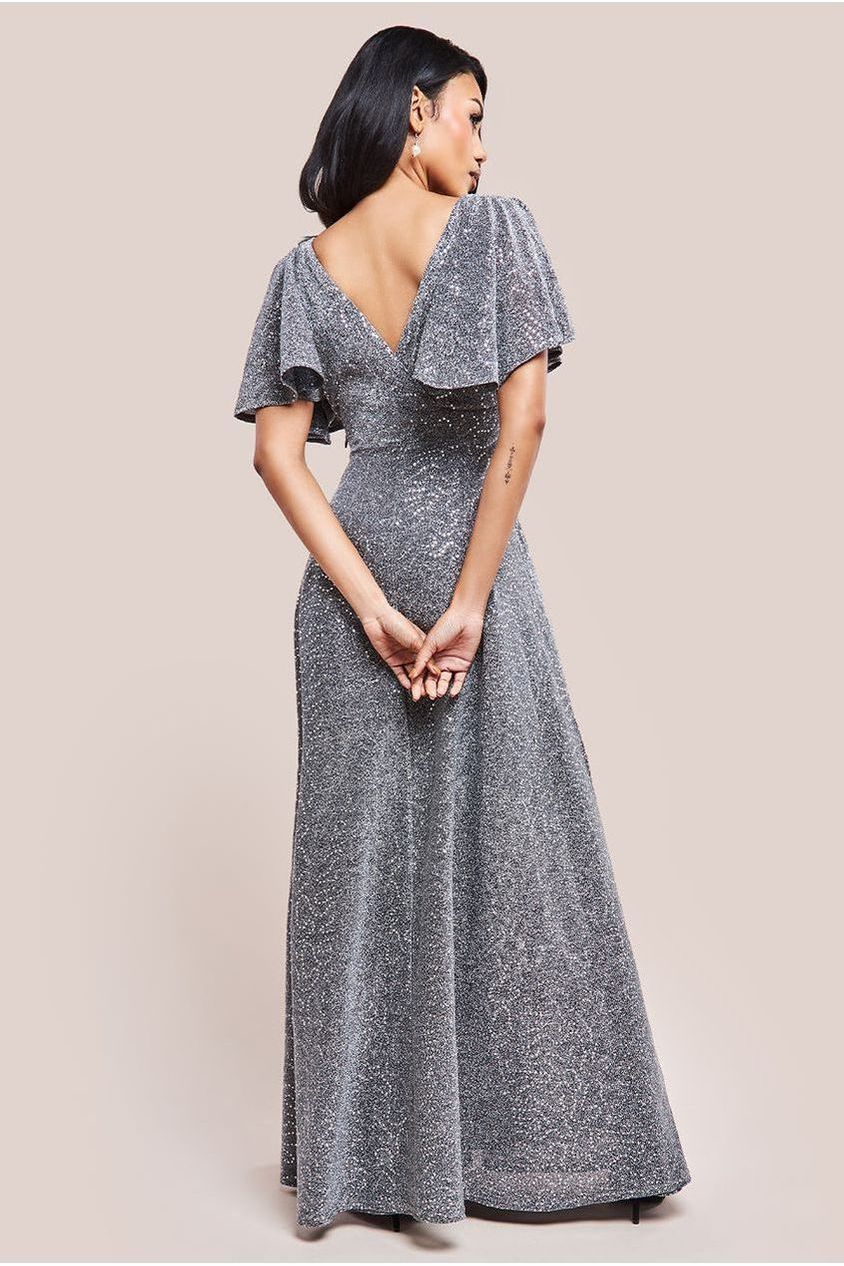 Goddiva Sequin Lurex Flutter Sleeve Maxi Dress - Silver